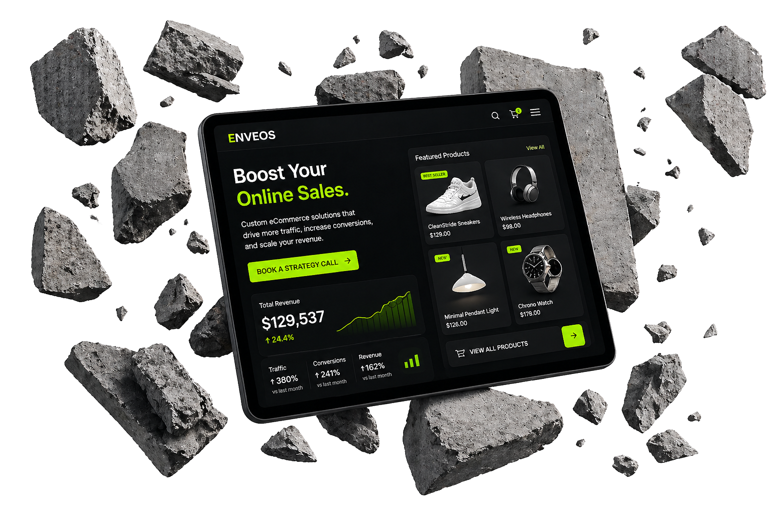 eCommerce dashboard tablet mockup with floating rocks