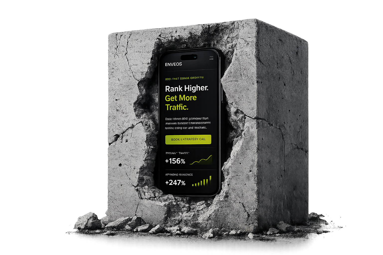 SEO dashboard mobile mockup embedded in concrete