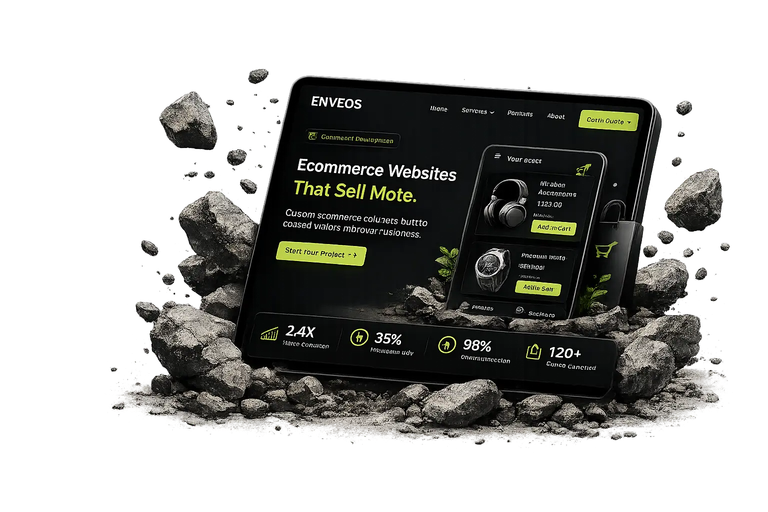 Shopify optimization tablet mockup breaking through concrete