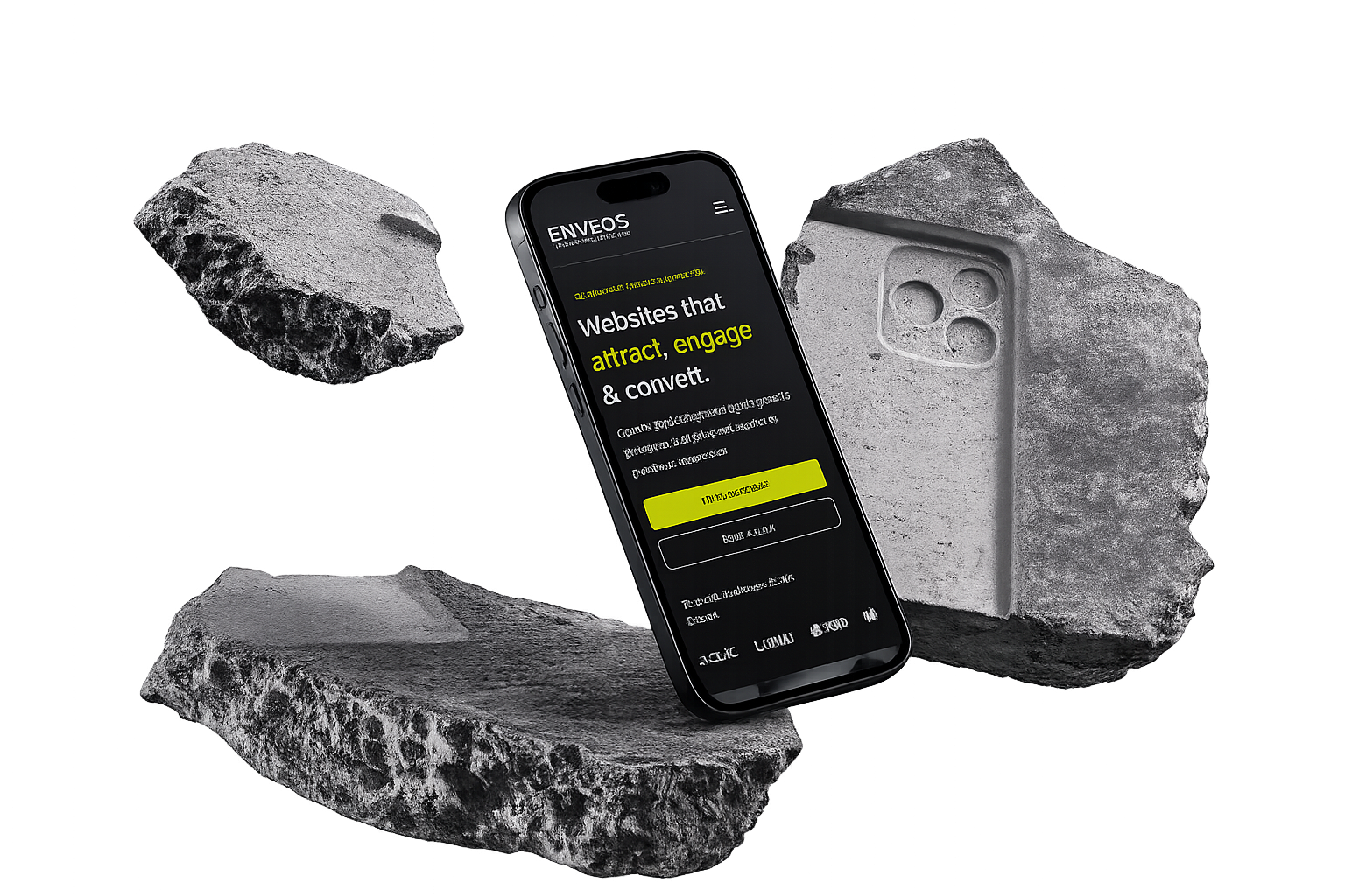 Contractor website mobile mockup with floating rocks